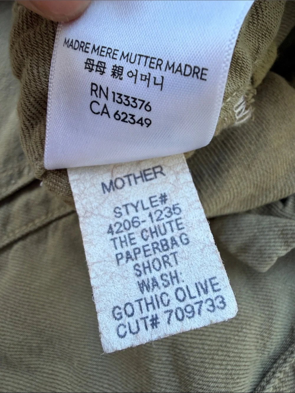 MOTHER The Chute Paperbag Olive Green Linen Blend Short Women's Size 27